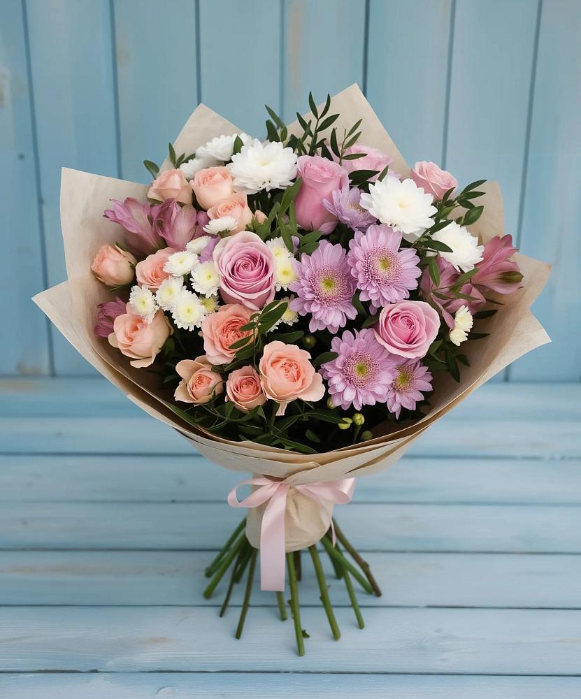 Букет цветов из: Хризантемы, Розы и Альстромерии в Славный