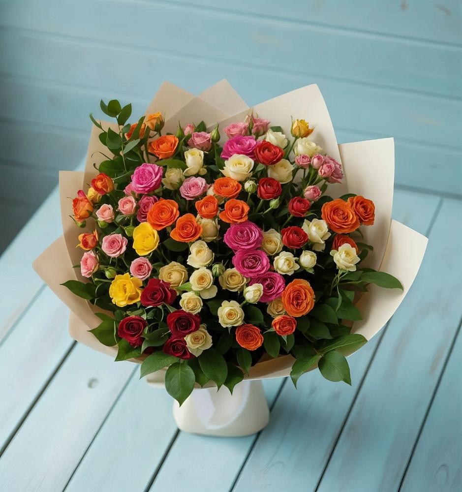 Букет Микс из разноцветных кустовых роз в Славный