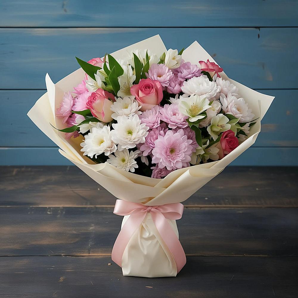 Букет цветов из: Хризантемы, Альстромерии и Розы в Славный